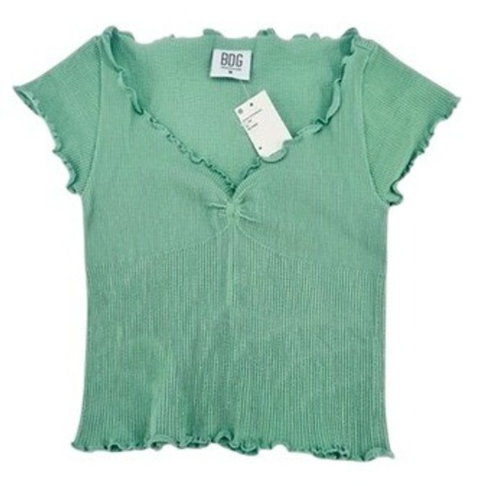 BDG Ribbed Lettuce Trim Ruched Front Top Mint Green Size M NWT